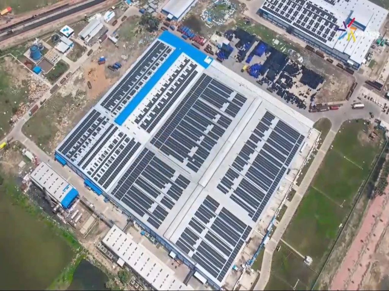 Aerial view of the Varun Beverages plant at Barauni, Bihar, with rooftop solar across the production halls