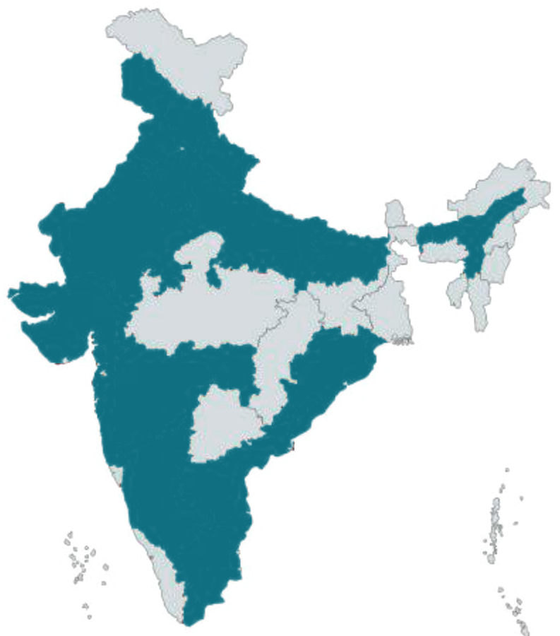 Map of India with the states in which Vibgyor Energy has delivered projects shaded in
teal, spanning the north, west, east, south and north-east