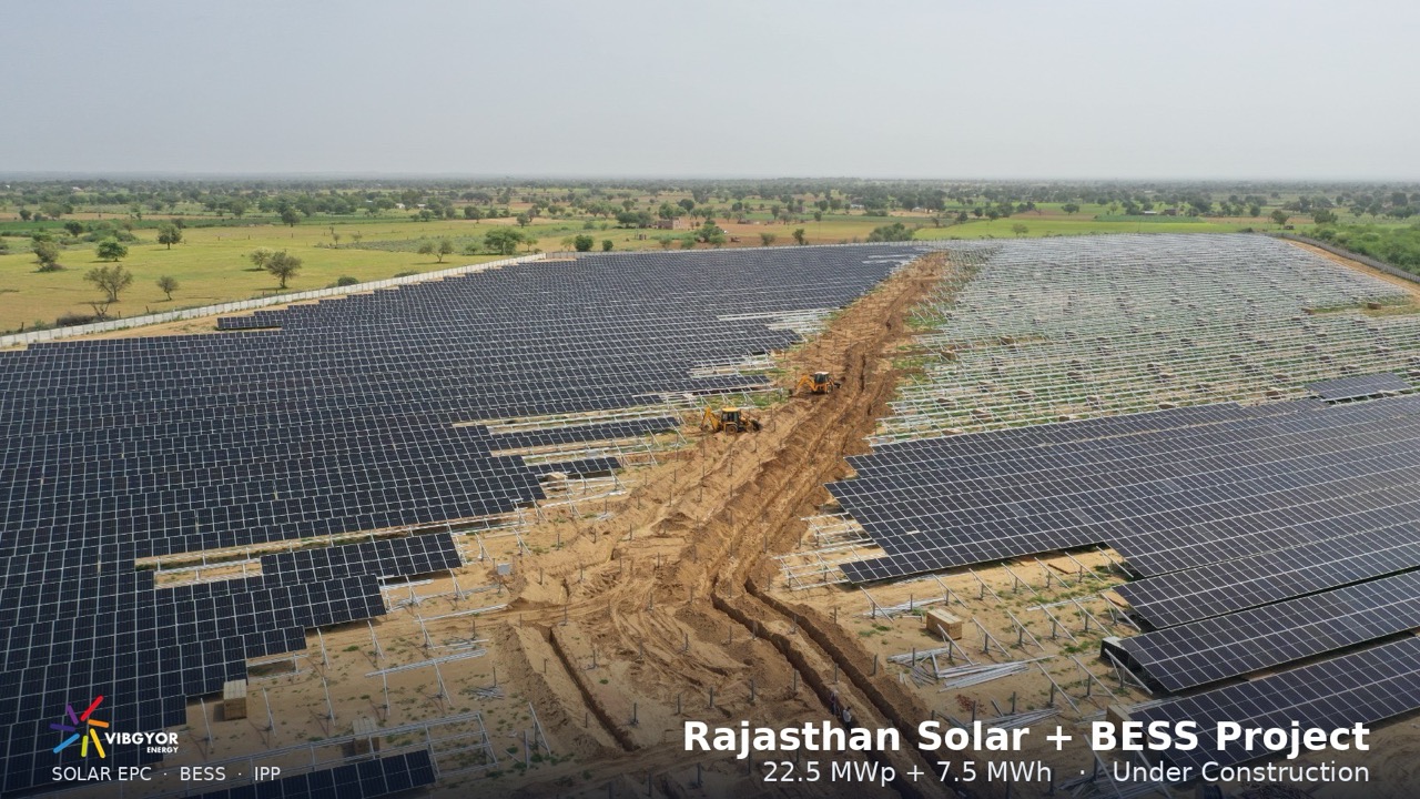 Aerial view of the Chamu solar plant under construction — completed module rows on the left, bare mounting structures and trenching on the right, farmland beyond the boundary wall